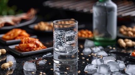 Sleek studio photo of Korean Soju, clear spirit in a modern shot glass next to its iconic green bottle