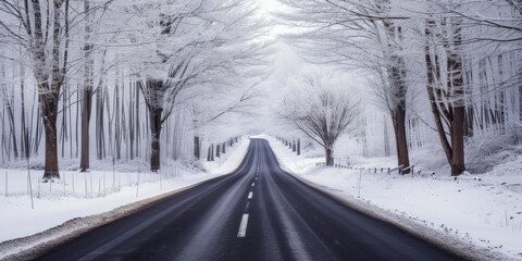 Wall Mural - Icy Winter Road: Snow-Clad Trees in a Cold Landscape