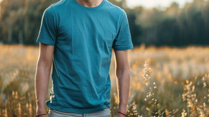 Man wearing a teal shirt in a field