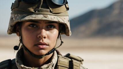 Wall Mural - young soldier woman serious confident portrait looking at camera on plain white background