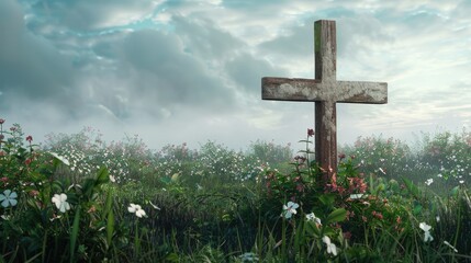 Symbol of peace: A vintage wooden cross stands tall in a tranquil meadow, embraced by the beauty of nature's greenery and floral blooms