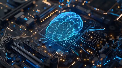 Wall Mural - 2. Design a visual representation of an Artificial Intelligence hardware concept, showcasing a microchip with a glowing blue brain circuit on a computer motherboard. Emphasize the futuristic