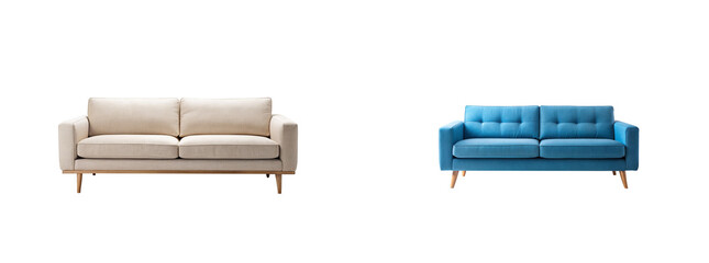 Stylish colorful sofas against a transparent background. modern sofas in various colors in a PNG image. 