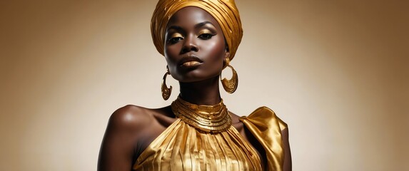 Wall Mural - african woman in gold luxury lavish clothing photo shoot portrait for banner with copy space