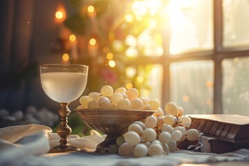 Wall Mural - Silver goblet of white wine and a bowl of green grapes rest on a table next to an open bible, bathed in the glow of sunlight pouring through a nearby window