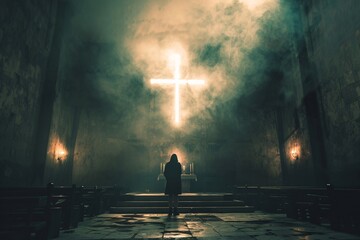 Priest stands before a radiant cross in a hazy church
