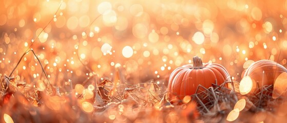 Wall Mural - Pumpkin in meadow, out of focus orange gourds, cucurbits with golden bokeh. Romantic setting of Jack-O-Lantern outdoors with fall leaves. Seasonal greetings.