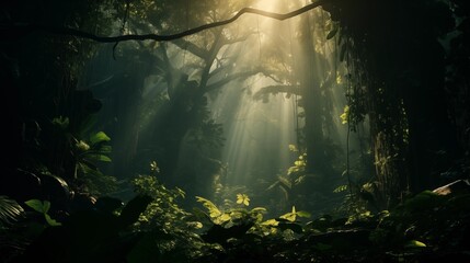 Dark rainforest, sun rays through the trees, rich jungle greenery. Atmospheric fantasy forest