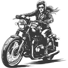 Wall Mural - woman riding motorcycle with engraving style black color only