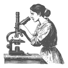 woman scientists looking through microscope with engraving style