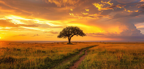 Wall Mural - the African savanna with an acacia tree in the foreground, the sky is dramatic and beautiful, the grassland has tall grasses and small bushes