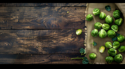 Wall Mural - copy space, stockphoto, close-up Brussels Sprouts on a wooden table. Healthy food concept. Fresh Brussels sprouts poster, design for vegetables store, vetetables department.