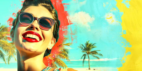 Wall Mural - Smiling woman with red lips and trendy sunglasses looking forward. Retrro style illustration. Concept of vocation.