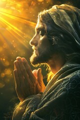 Wall Mural - Devout man is praying with closed eyes while bathed in golden light