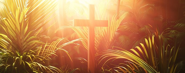 Wall Mural - Wooden cross stands tall in a sunlit tropical forest with palm fronds overhead