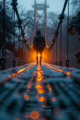 person walking on Large cable bridge at Sunset in the mountains