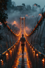 person walking on Large cable bridge at Sunset in the mountains