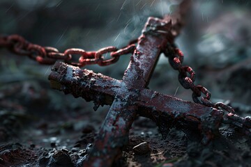 Wall Mural - Weathered cross covered in blood, lying in the rain, representing themes of mortality, martyrdom, and faith