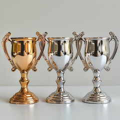 Wall Mural - Vector illustration of gold, silver, and bronze trophy cups, representing game winner prizes, racing sport trophies, and ranking place goblets.