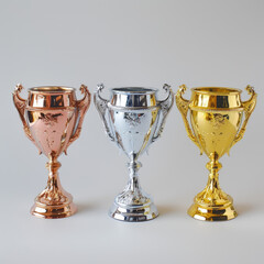 Wall Mural - Vector illustration of gold, silver, and bronze trophy cups, representing game winner prizes, racing sport trophies, and ranking place goblets.