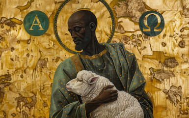 Wall Mural - Black Pastor holding a sheep - Holy African American Man with a lamb - Religious Leader of the Church