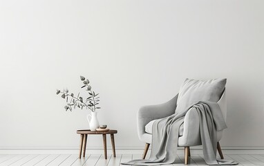 Wall Mural - Minimalist interior design of a modern living room with a grey armchair