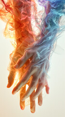 Canvas Print - Close-up of a real hand and an imaginary hand surrounded by smoke