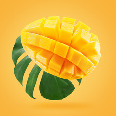 Wall Mural - mango fruit with leaf on a light orange background.
