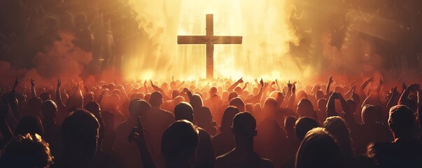 Wall Mural - Crowd of people are cheering and raising their hands in front of a giant illuminated christian cross