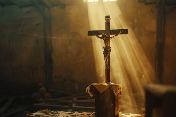 Wall Mural - Sunbeam illuminating crucifix of jesus christ in abandoned church