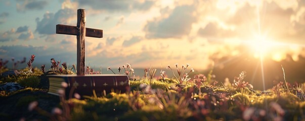 Wall Mural - Wooden cross standing on a bible in a field of flowers and moss at sunset