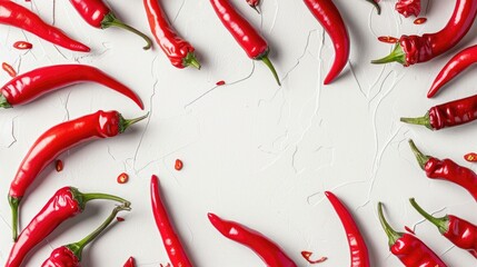 Wall Mural - Hot chili peppers arranged on white background with space seen from above