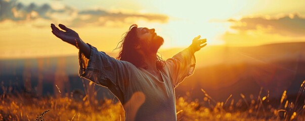 Wall Mural - Bearded man with flowing hair raises his arms in a sunset field