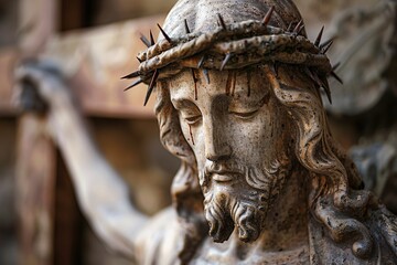 Wall Mural - Emotional jesus christ statue with weathered stone and crown of thorns