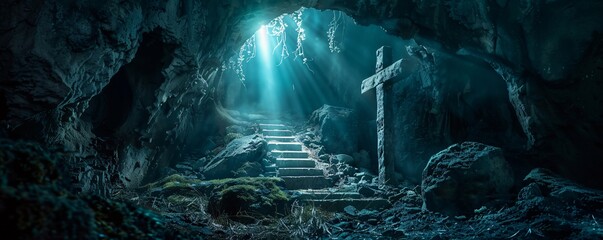 Light shining through the entrance of a dark mysterious cave, illuminating a set of old stairs leading to a stone cross