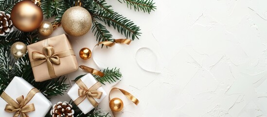 Wall Mural - Festive holiday border with presents, evergreen tree, and golden ornaments on a white backdrop. Ample space for text. Festive flat lay for the New Year.