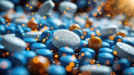 Wall Mural - An artistic image depicting a variety of blue and white pills scattered with an orange and white glowing effect, signifying a blend of pharmaceutical and artistic elements.