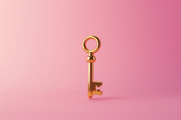 Gold vintage key on a pink background. Door key. Concept: secret, discovery. 