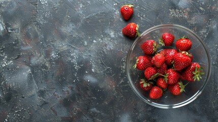 Red strawberries in glass bowl on dark concrete with rustic style Minimalistic top view with empty space