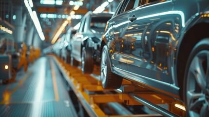 A conveyor for assembling cars at an automobile manufacturing plant.