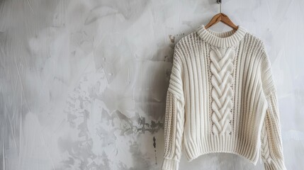 Wall Mural - Knitted white sweaters on hanger against light wall Fall and winter wear Store concept sale design Text space