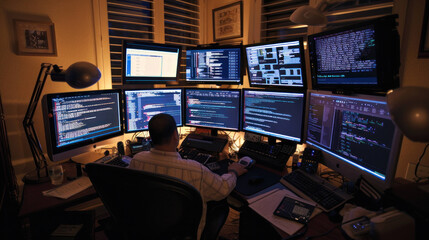 Technology Expert Programming on Multi-Monitor Setup with Lines of Code on Screens