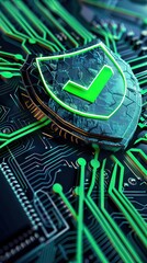 Wall Mural - Digital security shield icon on a circuit board background. Printed circuit board. Technology background. 3D illustration. PCB, Code, HTML. AI generated illustration