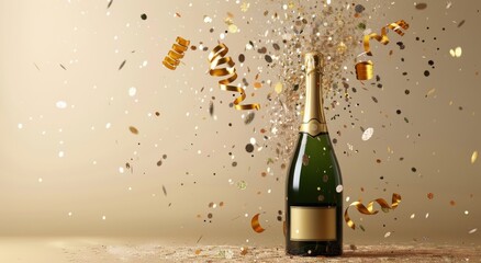 Wall Mural - Champagne Bottle With Gold Confetti and Bokeh Lights