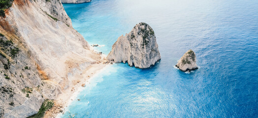 Myzithres beach near Keri Lighthouse on Zakynthos island or Zante Island, Greece. Beautiful views of azure sea water and nature with cliffs