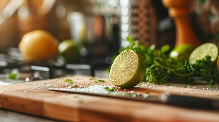 Wall Mural - A cutting board with a half-sliced lime, showcasing the detailed, juicy segments inside, with a sharp knife laying beside it