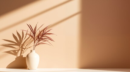 Modern summer minimal of plant in sunlight with long shadows on beige wall background, copy space interior lifestyle Mediterranean scene.