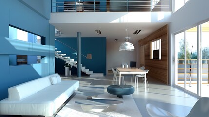 Futuristic house interior with open space concept and blue wall color