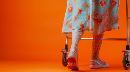 cinematic photo of elderly woman’s legs with white socks and blue dress, walker on wheels in background, orange backdrop, studio light, close-up