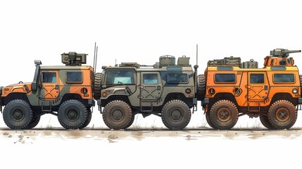 Illustrated representation of three advanced military vehicles in a row, featuring varying types and specifications, depicted with meticulous artistic detail and realism.